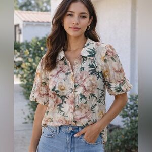 Bailey 44 Top Women’s Small Semi Sheer Feminine Floral Short Balloon Sleeve B21